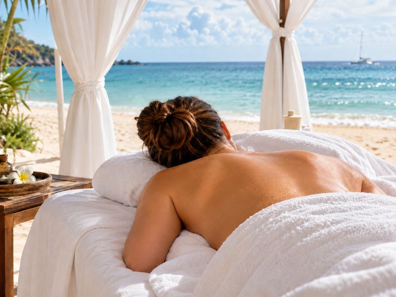 Client relaxing on a massage table on the beach