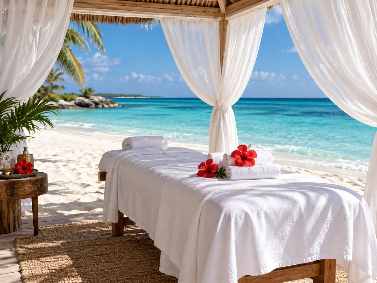 Massage table in a beach cabana with red hibiscus