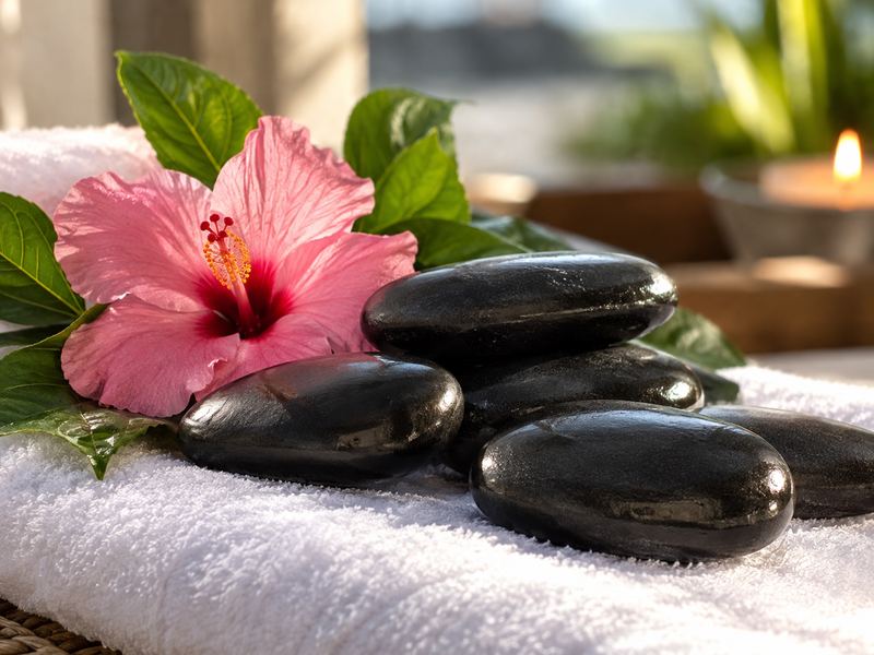 Heated massage stones with a hibiscus
