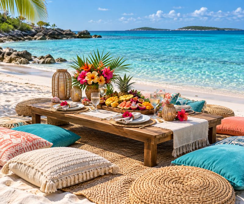 Beach picnic with low table and cushions